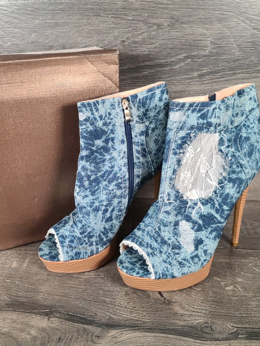 Onlymaker Women's Size 15 Ankle Platform Denim Peep Toe Zip Up Booties